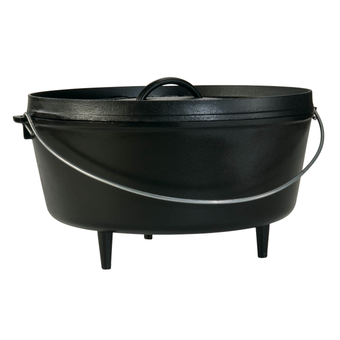 Handcrafted Lodge cast iron camp Dutch oven with built-in legs and metal handle, designed for versatile outdoor cooking; made in USA and featured in Farm, Garden & Tool, Camping, Cast Iron, Best Sellers, and Promo Eligible collections.