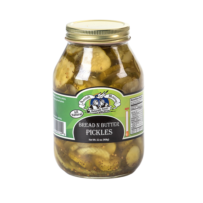 Large glass jar of all-natural bread and butter pickles with a gold lid, featured in Kitchen & Food, Food, Pantry, USA Made, Best Sellers, and Promo Eligible collections.