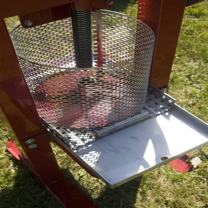 Unique handcrafted fruit press featuring a stainless steel mesh basket and pressing tray within a sturdy red frame, designed for orchard use in Farm, Garden & Tool and Apple Harvest Supplies collections.
