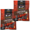 Two resealable bags of handcrafted original flavored beef jerky with clear windows showing dark meat strips, highlighting a medium-spiced, protein-rich snack made in USA for Kitchen & Food, Meats, Best Sellers, and Promo Eligible collections.