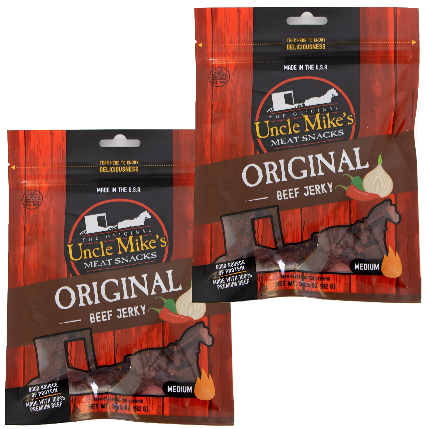 Two resealable bags of handcrafted original flavored beef jerky with clear windows showing dark meat strips, highlighting a medium-spiced, protein-rich snack made in USA for Kitchen & Food, Meats, Best Sellers, and Promo Eligible collections.