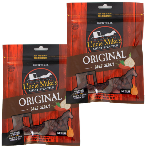Two resealable bags of handcrafted original flavored beef jerky with clear windows showing dark meat strips, highlighting a medium-spiced, protein-rich snack made in USA for Kitchen & Food, Meats, Best Sellers, and Promo Eligible collections.