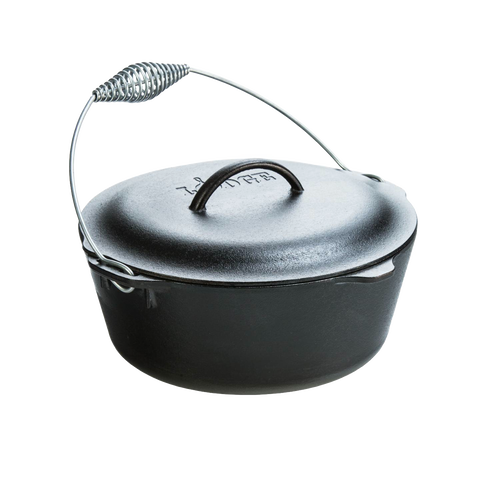 Classic cast iron Dutch oven with spiral bail handle and tight-fitting lid, pre-seasoned and crafted in the USA, featured in Kitchen & Food, Cookware, Cast Iron, Best Sellers, and Promo Eligible collections.