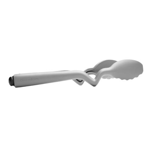 Gray nylon cooking tongs with a unique bent handle design that keeps tips elevated off surfaces, featured for Kitchen & Food, Kitchen Gadgets, Cooking and Baking Helpers, Best Sellers, and Promo Eligible collections.