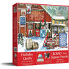 Jigsaw puzzle featuring a cozy winter scene with handcrafted holiday quilt patterns displayed outside a red barn and country store, part of Toys, Books & Games, USA Made, and Best Sellers collections.