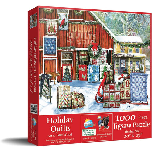 Jigsaw puzzle featuring a cozy winter scene with handcrafted holiday quilt patterns displayed outside a red barn and country store, part of Toys, Books & Games, USA Made, and Best Sellers collections.