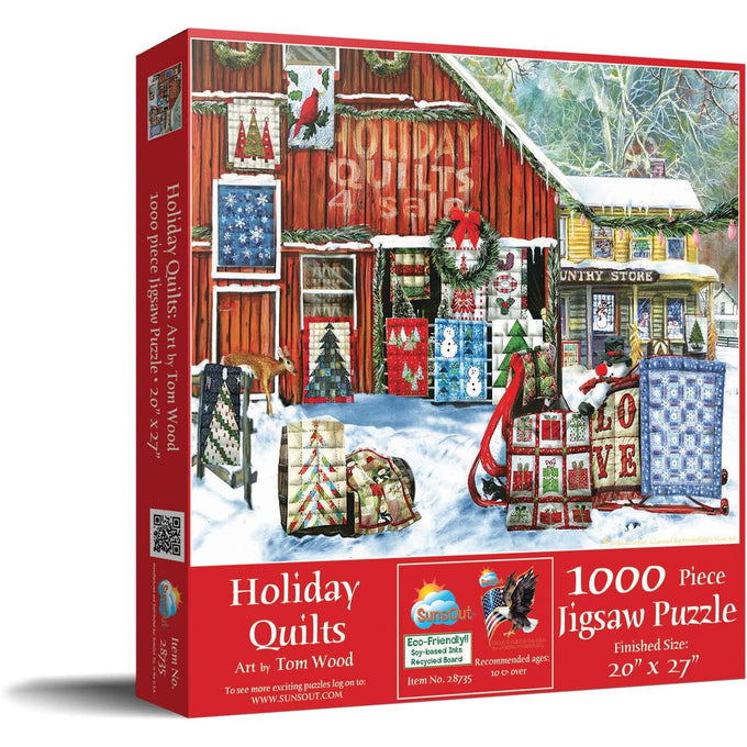 Jigsaw puzzle featuring a cozy winter scene with handcrafted holiday quilt patterns displayed outside a red barn and country store, part of Toys, Books & Games, USA Made, and Best Sellers collections.