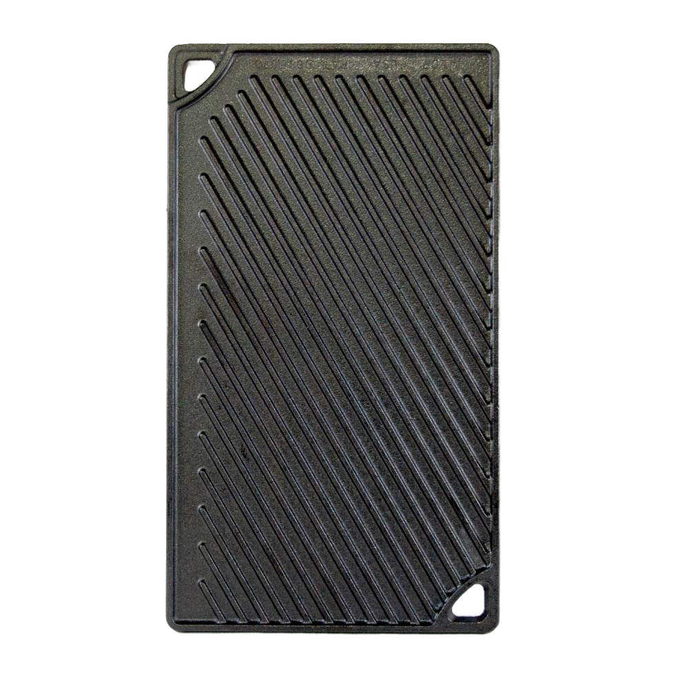 Rectangular cast iron griddle with diagonal ridges on one side, designed for even heat retention and grilling, part of Kitchen & Food, Cookware, Cast Iron, USA Made collections.