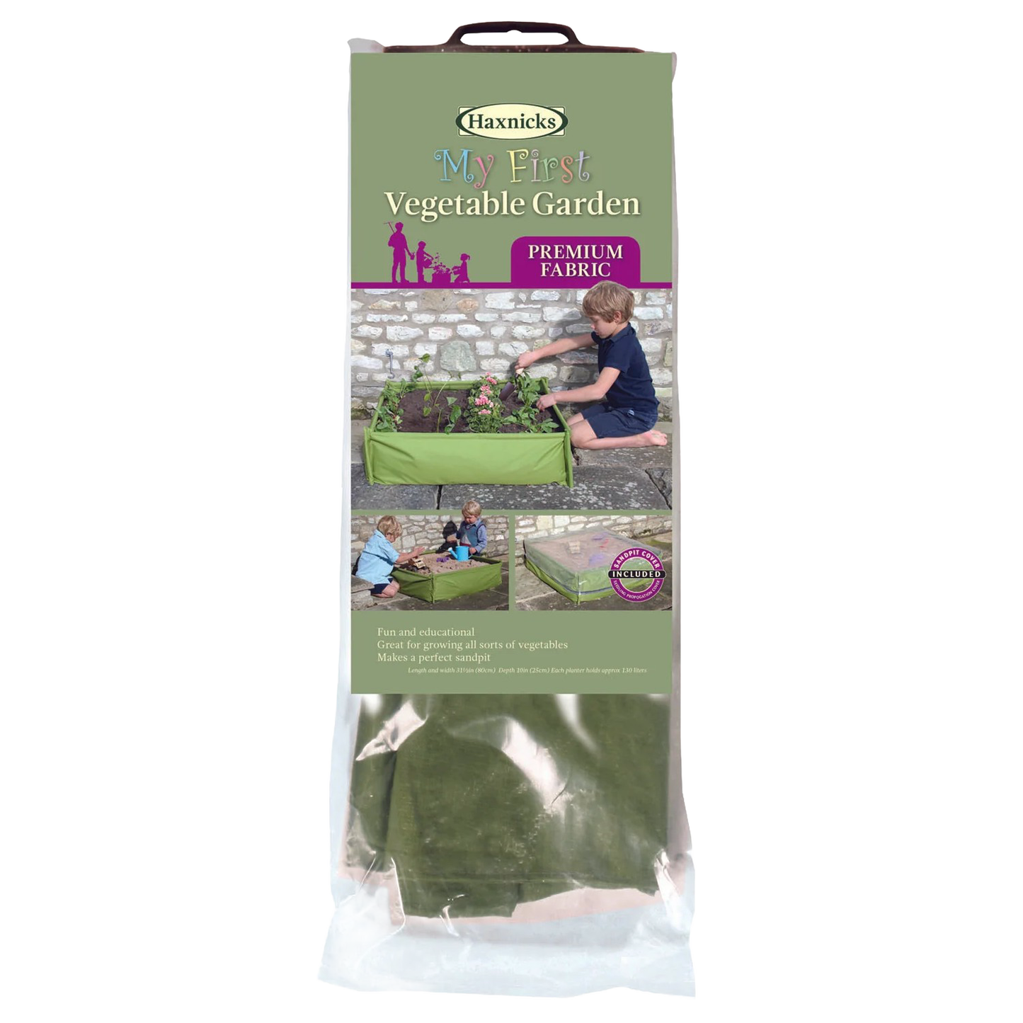 Compact green raised garden bed made from UV-stabilized premium fabric with integral corner supports, perfect for children's gardening activities in Farm, Garden & Tool, Children's Toys, and Outdoor Play collections.