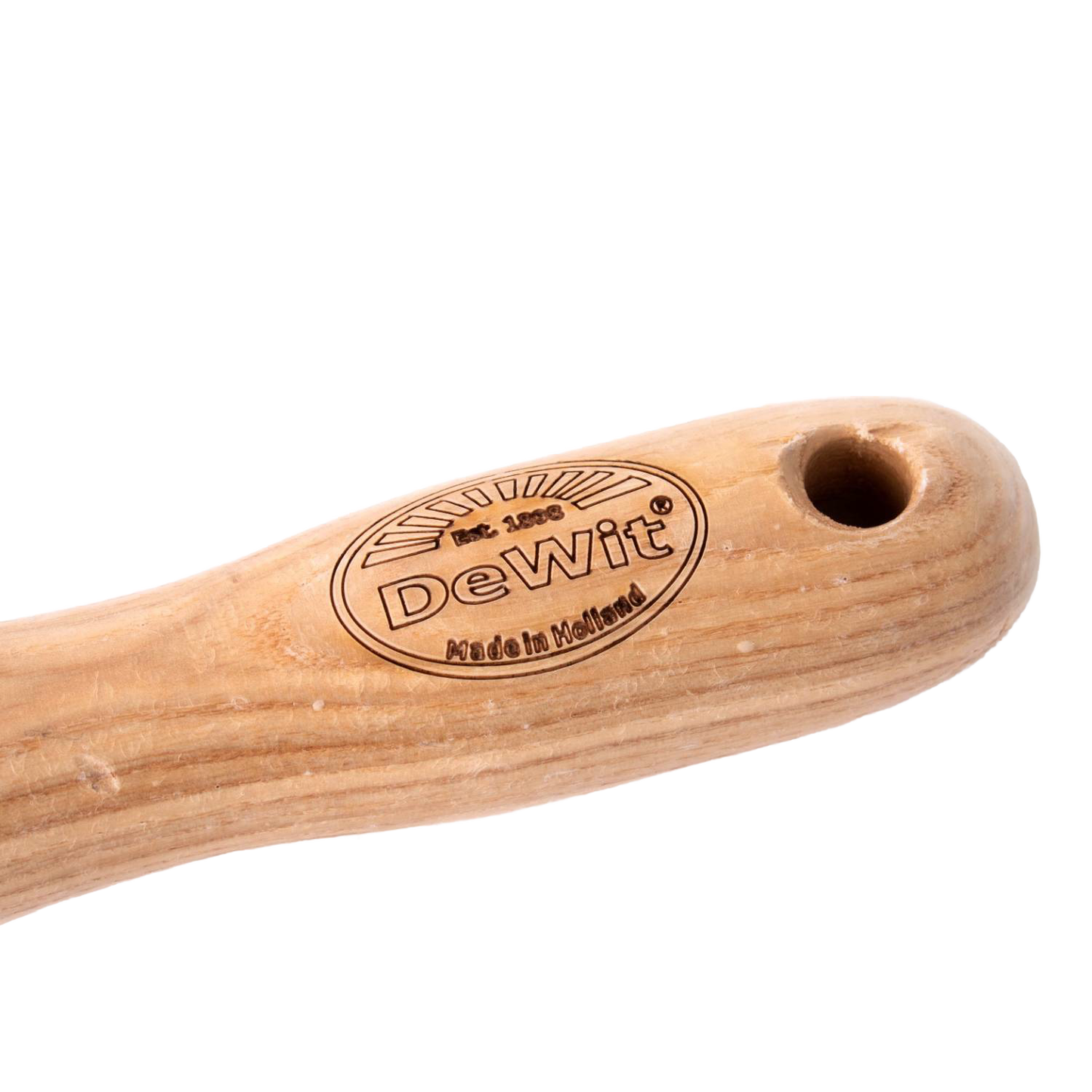 Close-up of a smooth wooden handle engraved with the DeWit logo and "Made in Holland," featuring a rounded end with a hanging hole, perfect for Farm, Garden & Tool collections.