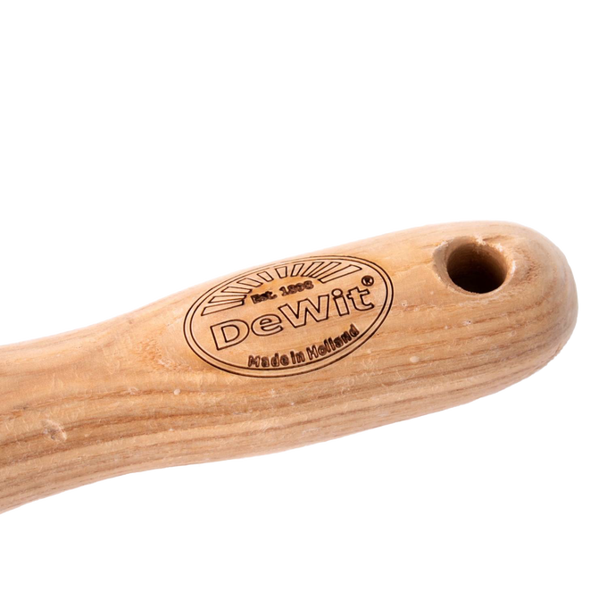 Close-up of a smooth wooden handle engraved with the DeWit logo and "Made in Holland," featuring a rounded end with a hanging hole, perfect for Farm, Garden & Tool collections.