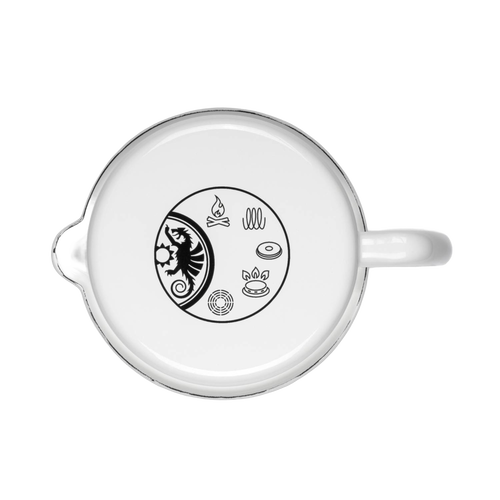 Top view of a white enameled steel milk pot with handle, featuring black campfire, coil burner, stove, grill, and coffee cup icons inside a circular design, handcrafted for Farm, Garden & Tool, Kitchen & Food, Camping, Cookware, Pots and Pans, Best Sellers, and Promo Eligible collections.