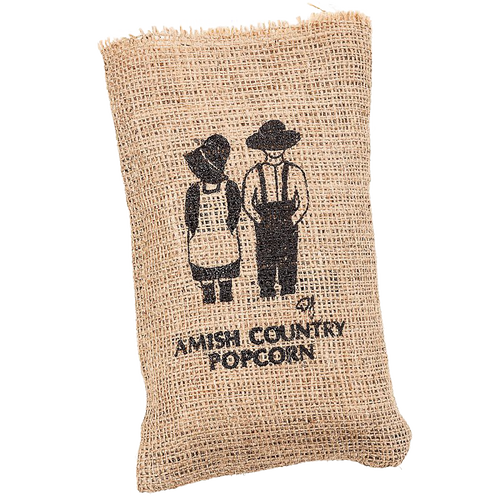 Handcrafted burlap bag with silkscreened Amish Country design, filled with popcorn, made in USA, ideal for Kitchen & Food, Snacks and Sweets, Popcorn, Best Sellers, and Promo Eligible collections.