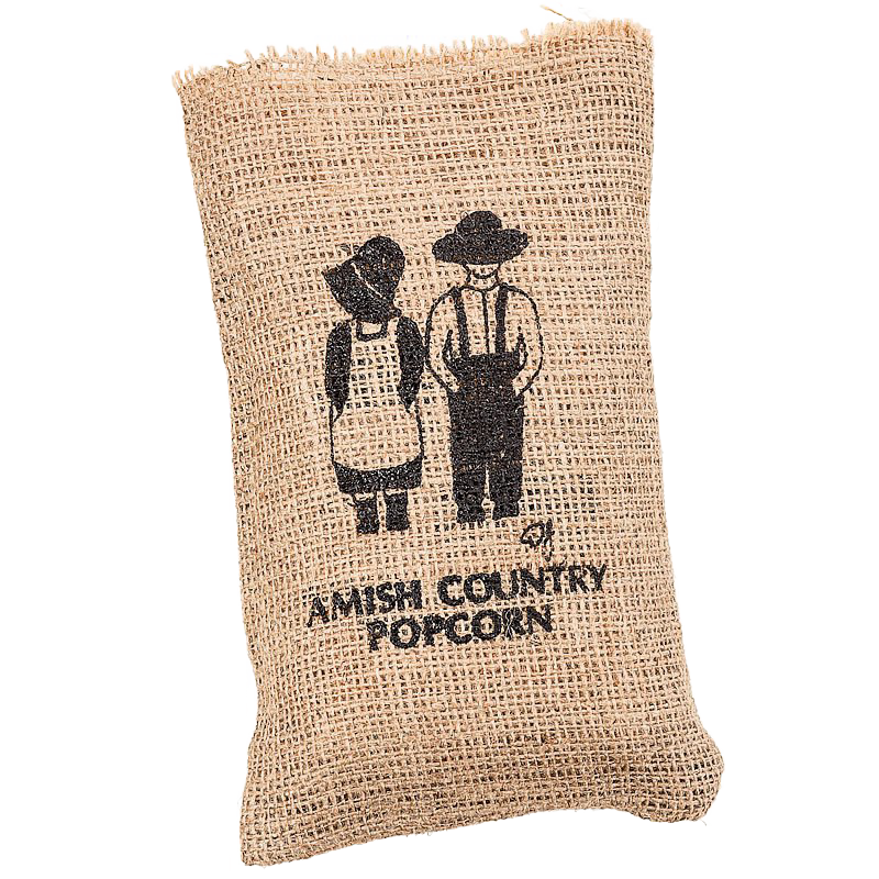 Handcrafted burlap bag with silkscreened Amish Country design, filled with popcorn, made in USA, ideal for Kitchen & Food, Snacks and Sweets, Popcorn, Best Sellers, and Promo Eligible collections.