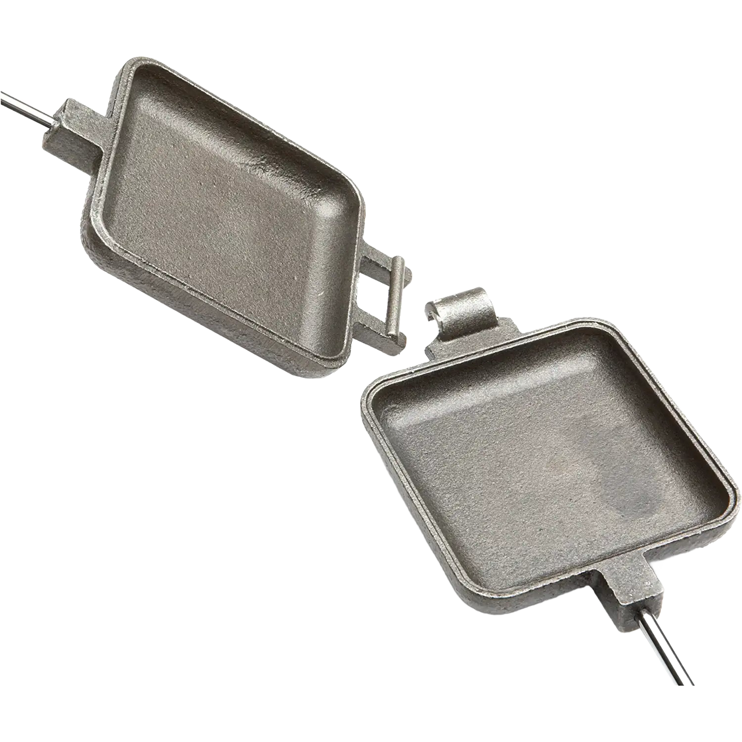 Square cast iron cooking iron with metal handle and wood grips, assembled in the USA, suitable for camping and outdoor use, featured in Farm, Garden & Tool, Camping, Best Sellers, and Promo Eligible collections.