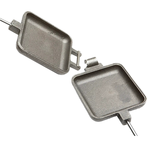 Square cast iron cooking iron with metal handle and wood grips, assembled in the USA, suitable for camping and outdoor use, featured in Farm, Garden & Tool, Camping, Best Sellers, and Promo Eligible collections.