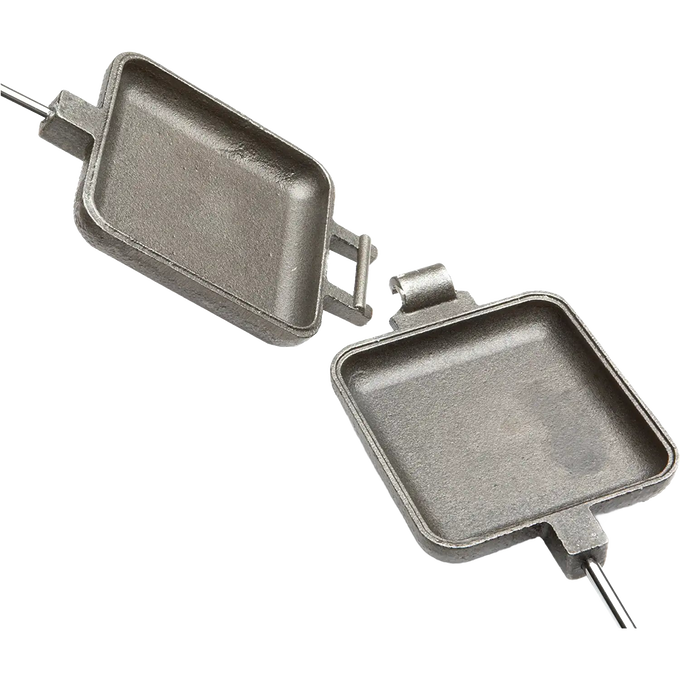 Square cast iron cooking iron with metal handle and wood grips, assembled in the USA, suitable for camping and outdoor use, featured in Farm, Garden & Tool, Camping, Best Sellers, and Promo Eligible collections.