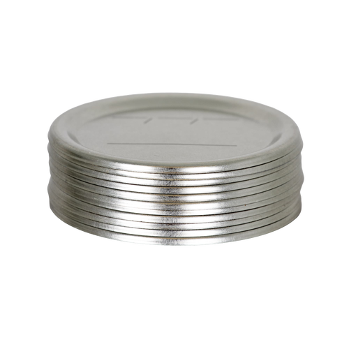 Stack of silver metal lids with BPA-free sealing compound, designed to fit regular-mouth jars, perfect for Kitchen & Food, Food Preservation, and Canning collections.