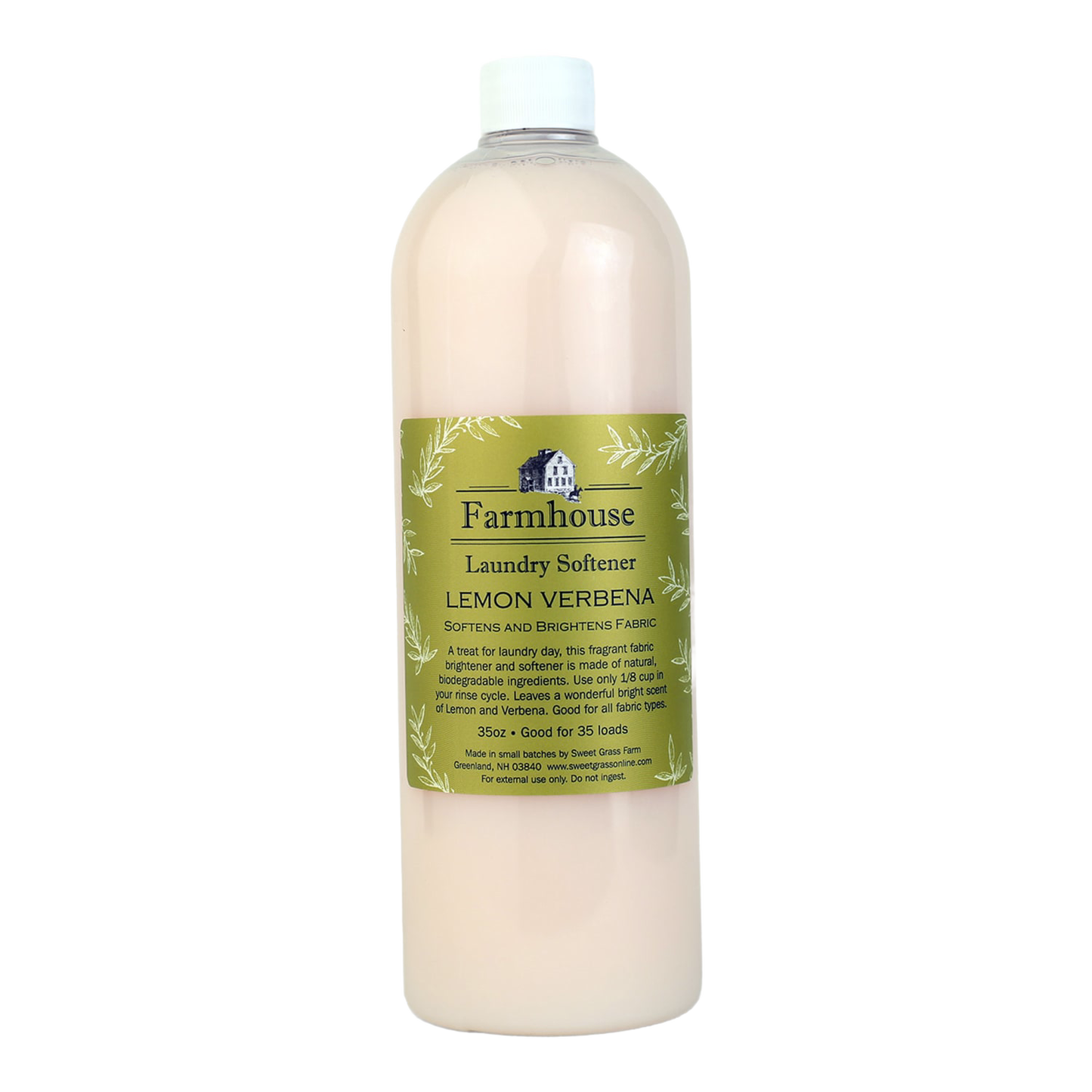 Tall bottle of handcrafted fabric softener with lemon verbena scent, made in USA in small batches, designed to soften and brighten clothes gently, suitable for sensitive skin and delicate fabrics in Home & Decor, Laundry Supplies, Dryers and Drying Accessories, Laundry Soaps and Softeners, USA Made, Best Sellers, Promo Eligible collections.
