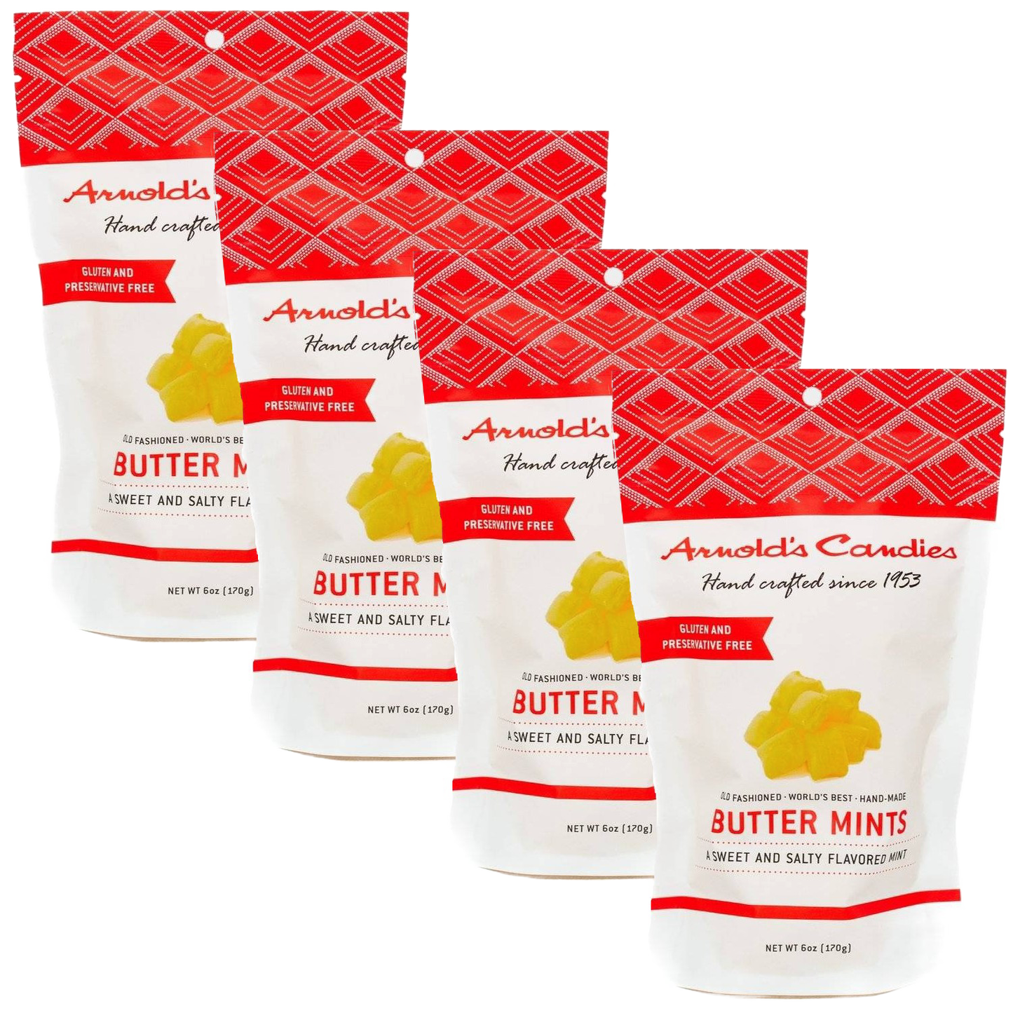 Four 6-ounce bags of handcrafted buttery yellow buttermints with a smooth texture and sweet mint flavor, made in USA, featured in Kitchen & Food, Snacks and Sweets, Candy, USA Made, and Best Sellers collections.