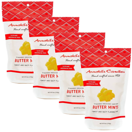 Four 6-ounce bags of handcrafted buttery yellow buttermints with a smooth texture and sweet mint flavor, made in USA, featured in Kitchen & Food, Snacks and Sweets, Candy, USA Made, and Best Sellers collections.
