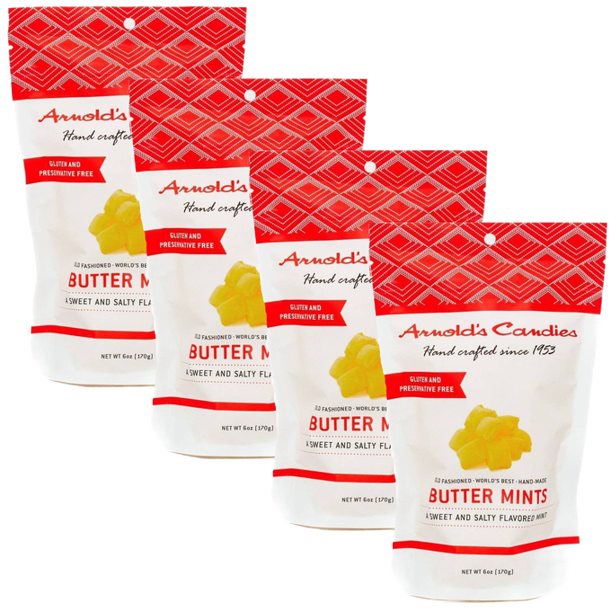Four 6-ounce bags of handcrafted buttery yellow buttermints with a smooth texture and sweet mint flavor, made in USA, featured in Kitchen & Food, Snacks and Sweets, Candy, USA Made, and Best Sellers collections.