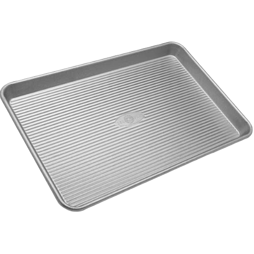 Durable aluminized steel half sheet pan with ribbed surface for even heat conduction, perfect for baking and roasting, part of Kitchen & Food, Cookware, and USA Made collections.