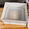 Clear plastic proofing container holding dough inside a white folding proofer box on a wooden countertop, ideal for baking and bread making in Kitchen & Food and Baking Supplies collections.