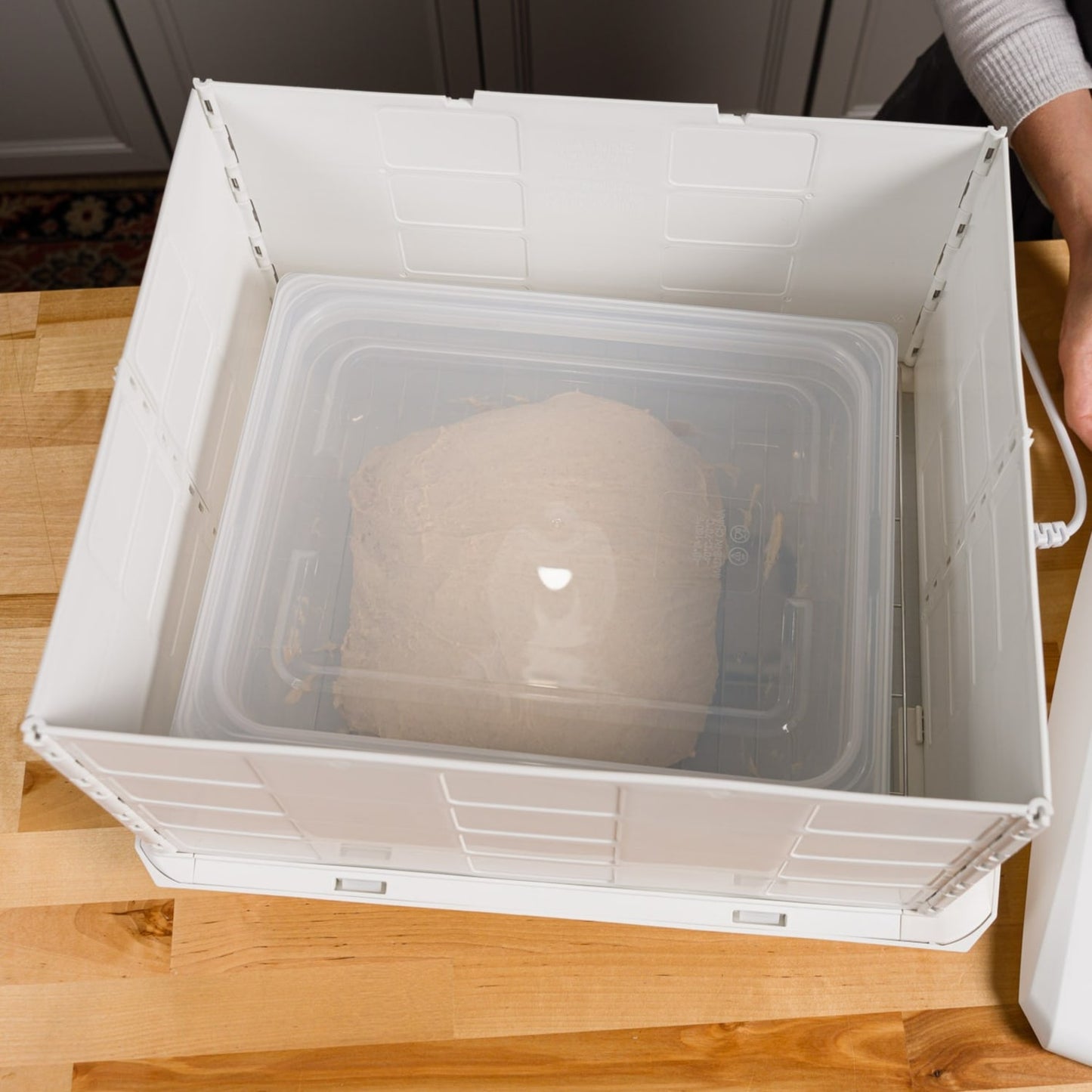 Clear plastic proofing container holding dough inside a white folding proofer box on a wooden countertop, ideal for baking and bread making in Kitchen & Food and Baking Supplies collections.