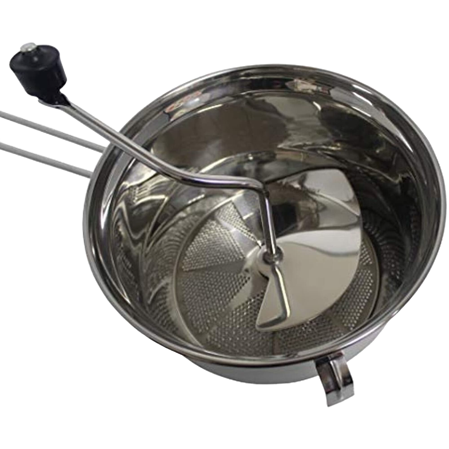 Stainless steel food mill with a hand crank and secure hooks for bowl attachment, designed for pureeing fruits and vegetables, featured in Farm, Garden & Tool, Kitchen & Food, and Food Prep collections.