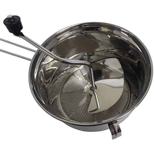Stainless steel food mill with a hand crank and secure hooks for bowl attachment, designed for pureeing fruits and vegetables, featured in Farm, Garden & Tool, Kitchen & Food, and Food Prep collections.