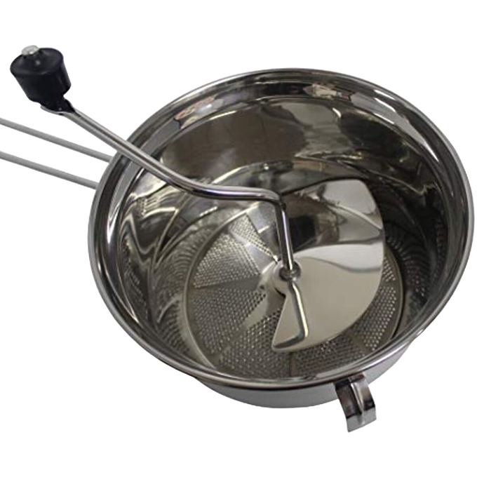 Stainless steel food mill with a hand crank and secure hooks for bowl attachment, designed for pureeing fruits and vegetables, featured in Farm, Garden & Tool, Kitchen & Food, and Food Prep collections.