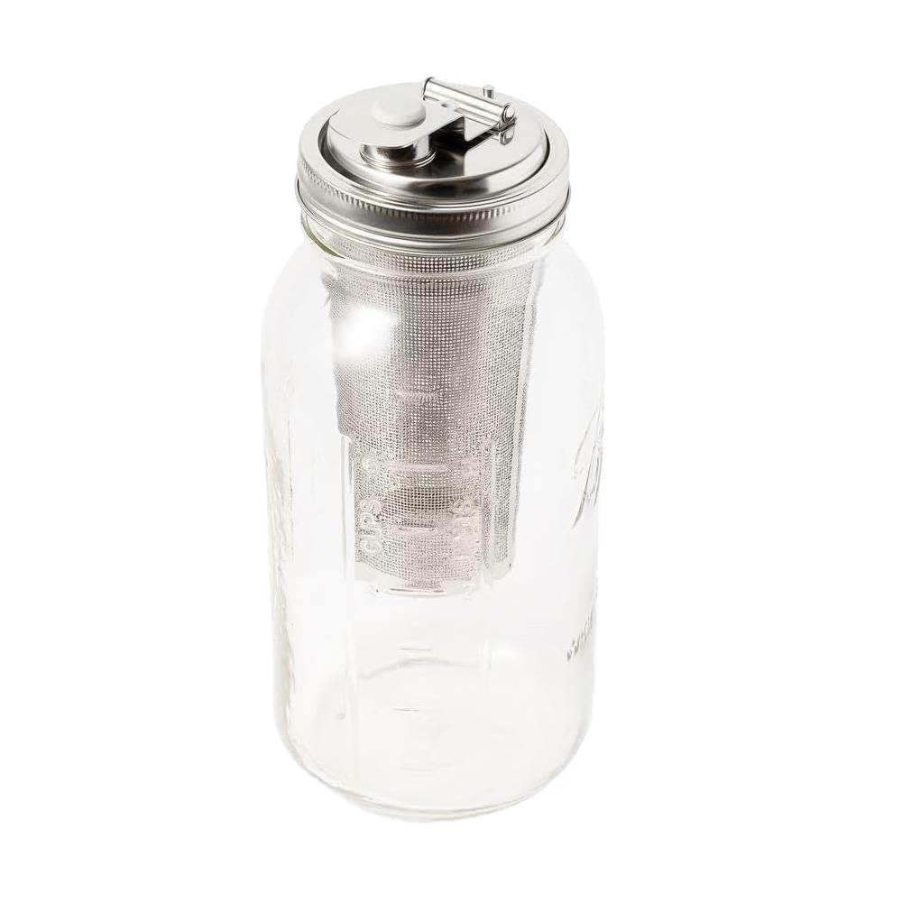 Wide mouth glass jar with a stainless steel lid and fine mesh infuser designed for brewing cold coffee or tea, suitable for kitchen, food, and brewing collections.