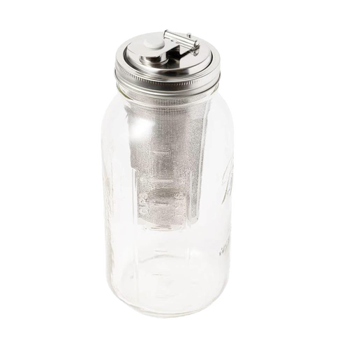 Wide mouth glass jar with a stainless steel lid and fine mesh infuser designed for brewing cold coffee or tea, suitable for kitchen, food, and brewing collections.