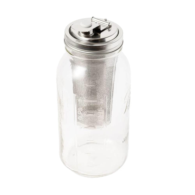 Wide mouth glass jar with a stainless steel lid and fine mesh infuser designed for brewing cold coffee or tea, suitable for kitchen, food, and brewing collections.