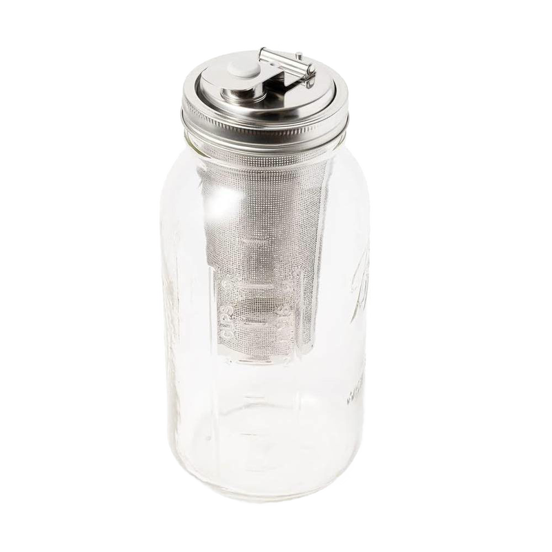 Wide mouth glass jar with a stainless steel lid and fine mesh infuser designed for brewing cold coffee or tea, suitable for kitchen, food, and brewing collections.