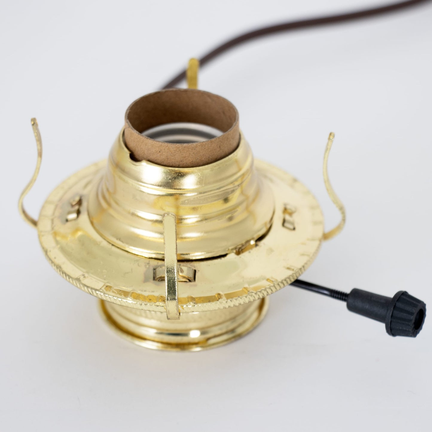 Handcrafted brass plated electrified burner with removable screw-on collar and UL listed brown cord, fitting most #2 lamp collars, ideal for Lamps & Lighting and Electric Conversion collections.