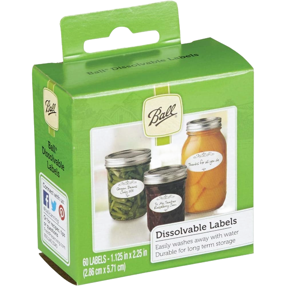 Green and white box of dissolvable labels featuring jars of preserved foods like green beans and peaches, suitable for Kitchen & Food, Food Preservation, Canning Accessories, USA Made, and Best Sellers collections.