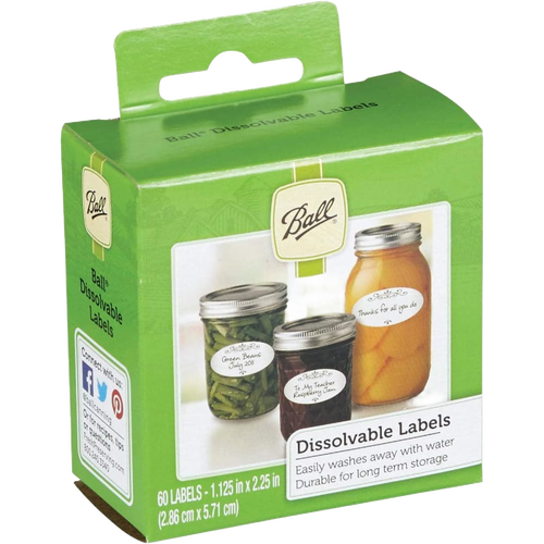 Green and white box of dissolvable labels featuring jars of preserved foods like green beans and peaches, suitable for Kitchen & Food, Food Preservation, Canning Accessories, USA Made, and Best Sellers collections.
