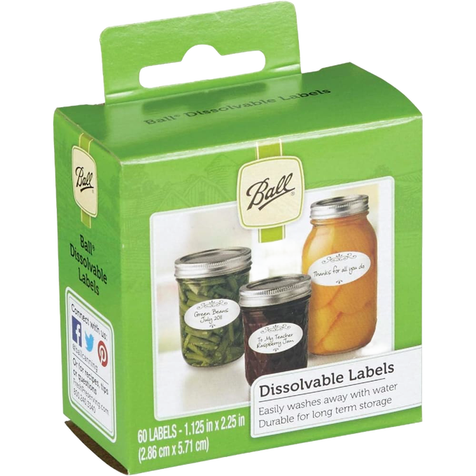 Green and white box of dissolvable labels featuring jars of preserved foods like green beans and peaches, suitable for Kitchen & Food, Food Preservation, Canning Accessories, USA Made, and Best Sellers collections.
