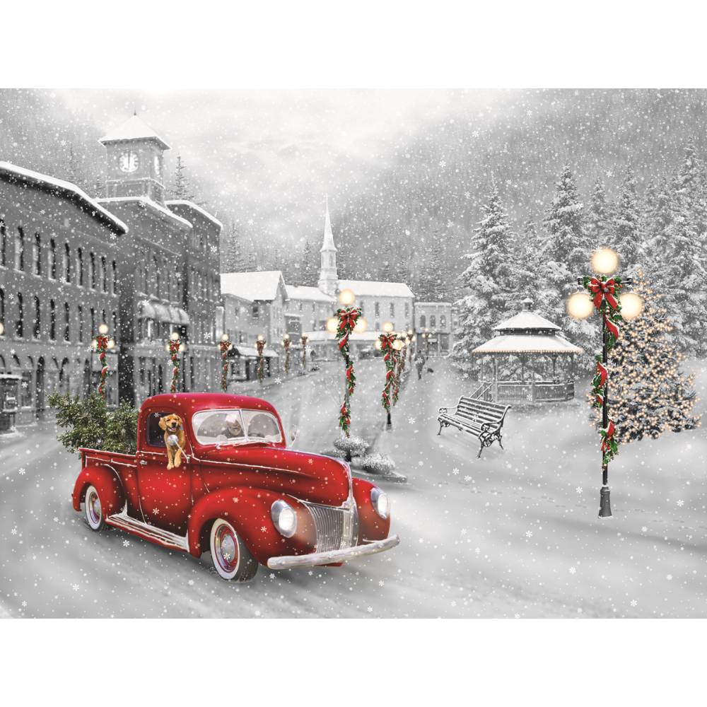 Vintage red pickup truck carrying a small Christmas tree with a dog in the cab, driving through a snow-covered town square adorned with decorated street lamps, benches, and a gazebo, evoking holiday cheer and winter wonder in this charming holiday puzzle scene ideal for Toys, Books & Games and Puzzles collections.