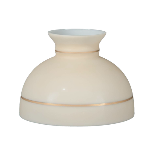 Light tan oil lamp shade with hand-painted gold bands and plain top, designed for a 10-inch base, featured in lamps and lighting, parts and accessories, and lamp shade collections.