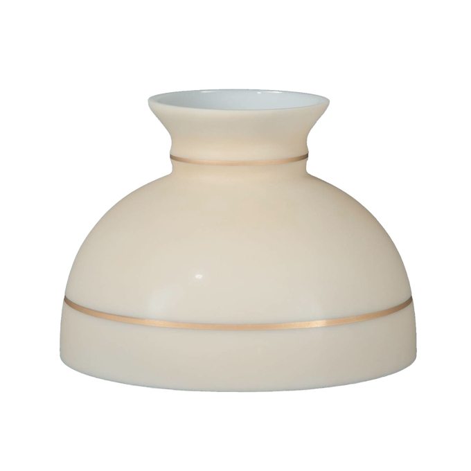 Light tan oil lamp shade with hand-painted gold bands and plain top, designed for a 10-inch base, featured in lamps and lighting, parts and accessories, and lamp shade collections.