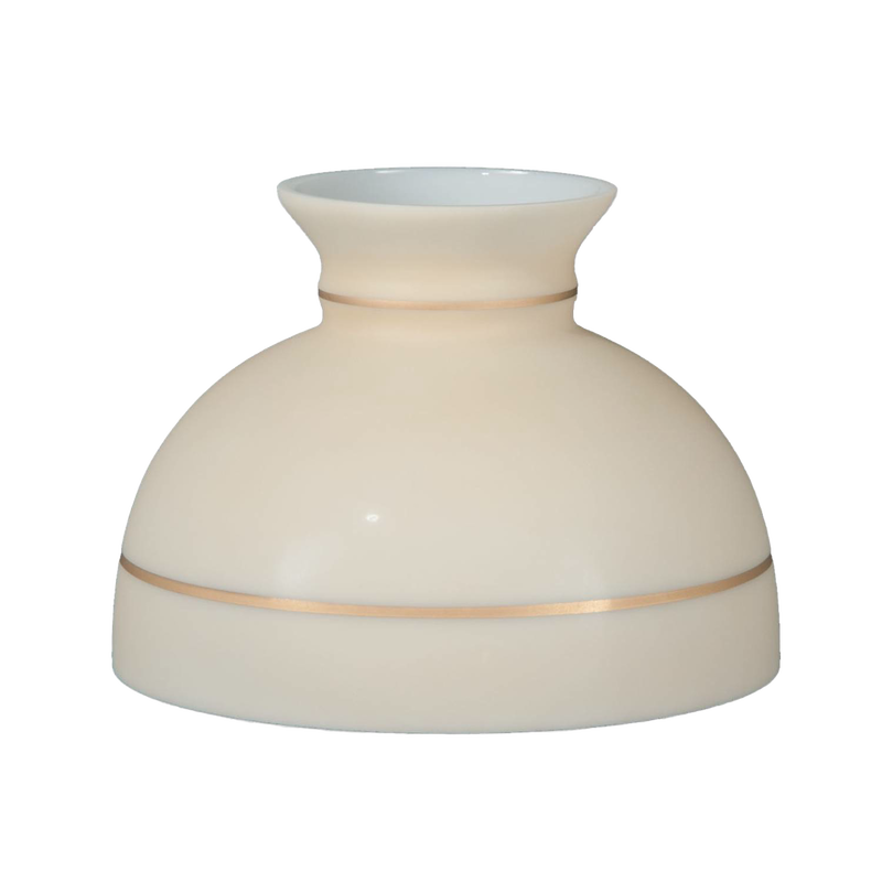 Light tan oil lamp shade with hand-painted gold bands and plain top, designed for a 10-inch base, featured in lamps and lighting, parts and accessories, and lamp shade collections.