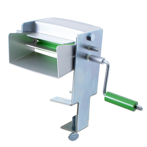 Sturdy metal pea sheller with a green handle crank and clamp base, designed for home kitchen use and specialty food preparation, made in USA, perfect for peelers and pitters collections.