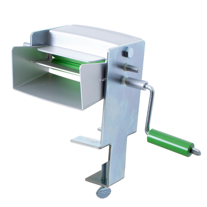 Sturdy metal pea sheller with a green handle crank and clamp base, designed for home kitchen use and specialty food preparation, made in USA, perfect for peelers and pitters collections.