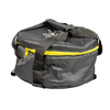 Durable padded black tote bag with yellow zipper and sturdy straps, designed for easy carrying and storage, suitable for camping and cookware use in outdoor settings.