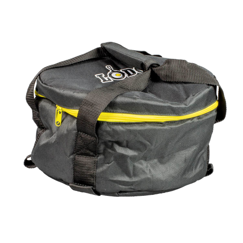 Durable padded black tote bag with yellow zipper and sturdy straps, designed for easy carrying and storage, suitable for camping and cookware use in outdoor settings.