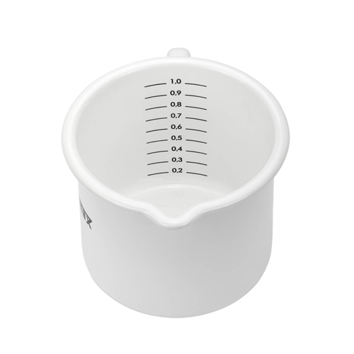 White enameled steel milk pot with clear internal volume markings and a precise pour spout, handcrafted for reliable use in Farm, Garden & Tool, Kitchen & Food, Camping, Cookware, Pots and Pans, Best Sellers, and Promo Eligible collections.