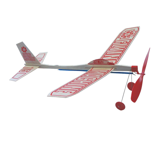 Handcrafted balsa wood flying model with red propeller and wingspan marked with bold lettering, designed for outdoor play, part of USA Made and Children's Toys collections.
